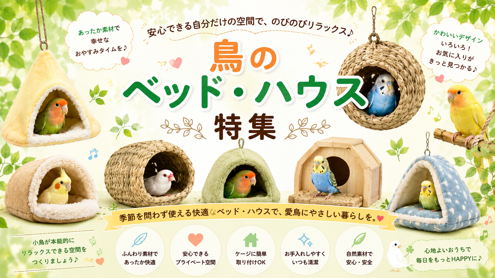 鳥用ハウス・ベッドの選び方：バードテント、天然素材ハウス、木製隠れ家の比較
