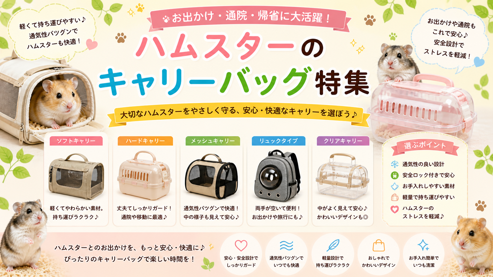 ハムスター用キャリーの選び方：通院用ハードキャリー、透明お出かけバッグ、避難用小型ケースの比較