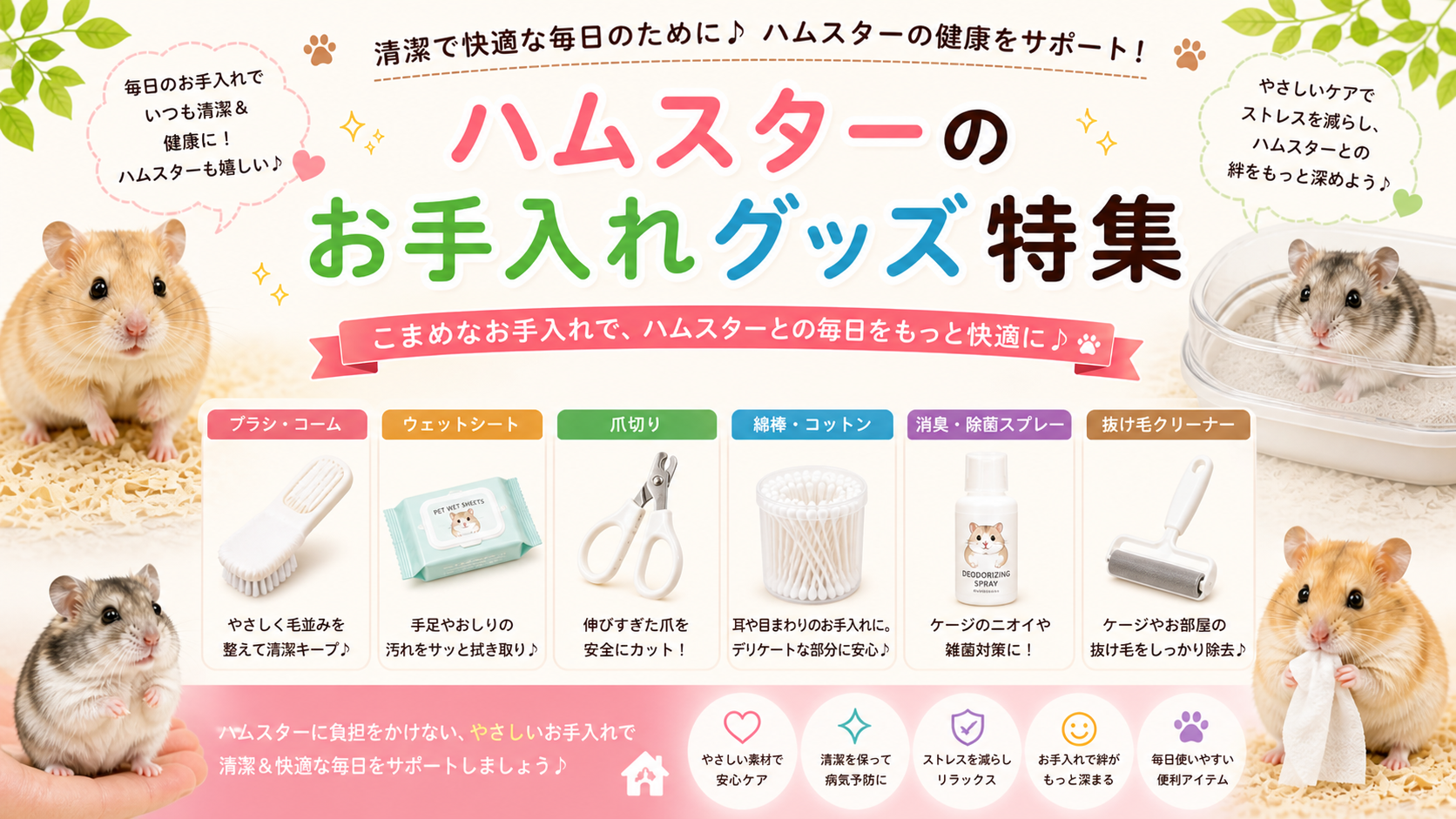 ハムスターのお手入れガイド：専用爪切り、柔らかブラシ、目元・耳元ケア、健康チェックのコツ