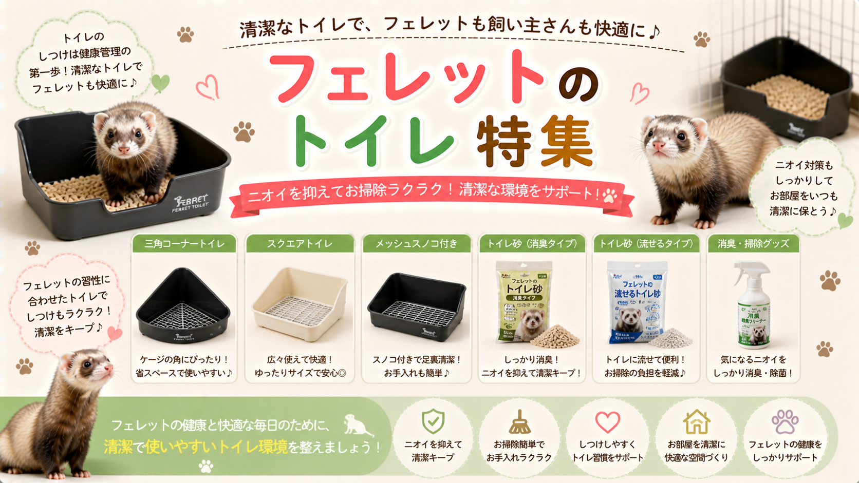 フェレット用トイレの選び方：コーナー型、高壁タイプ、砂飛び散り防止機能の比較