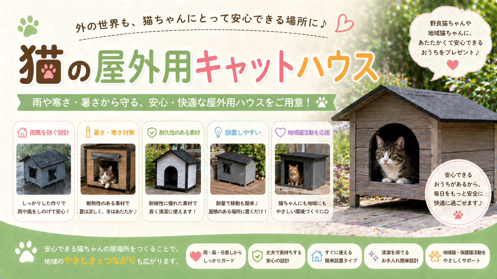 屋外用キャットハウスの選び方：寒さ対策、防水、腐らないECOFLEX素材、外猫保護ハウスの比較