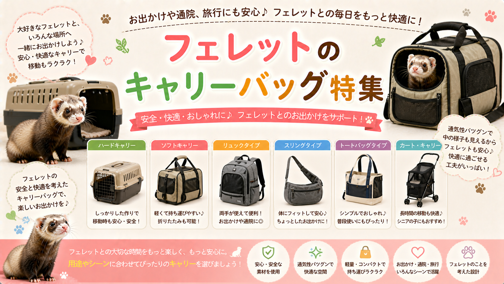 フェレット用キャリーバッグの選び方：脱走防止ロック、通気性の良いメッシュ、多頭飼い用大型キャリーの比較