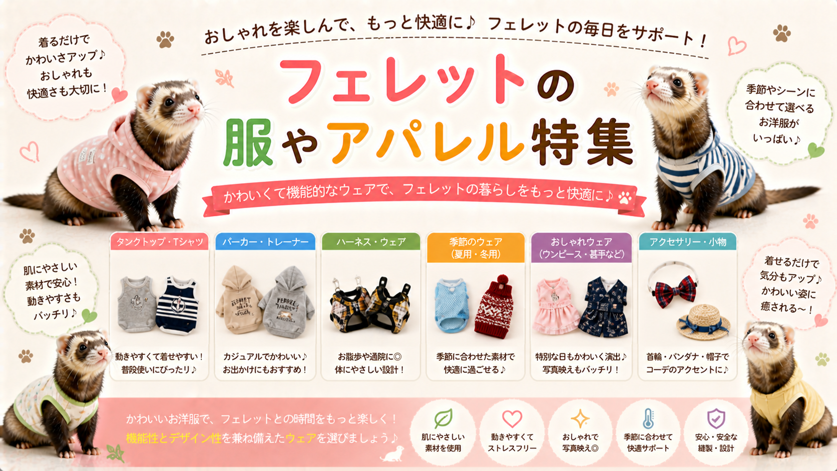 フェレット用アパレルの選び方：専用ハーネス、可愛いパーカー、防寒ウェア、脱げにくい安全設計の比較