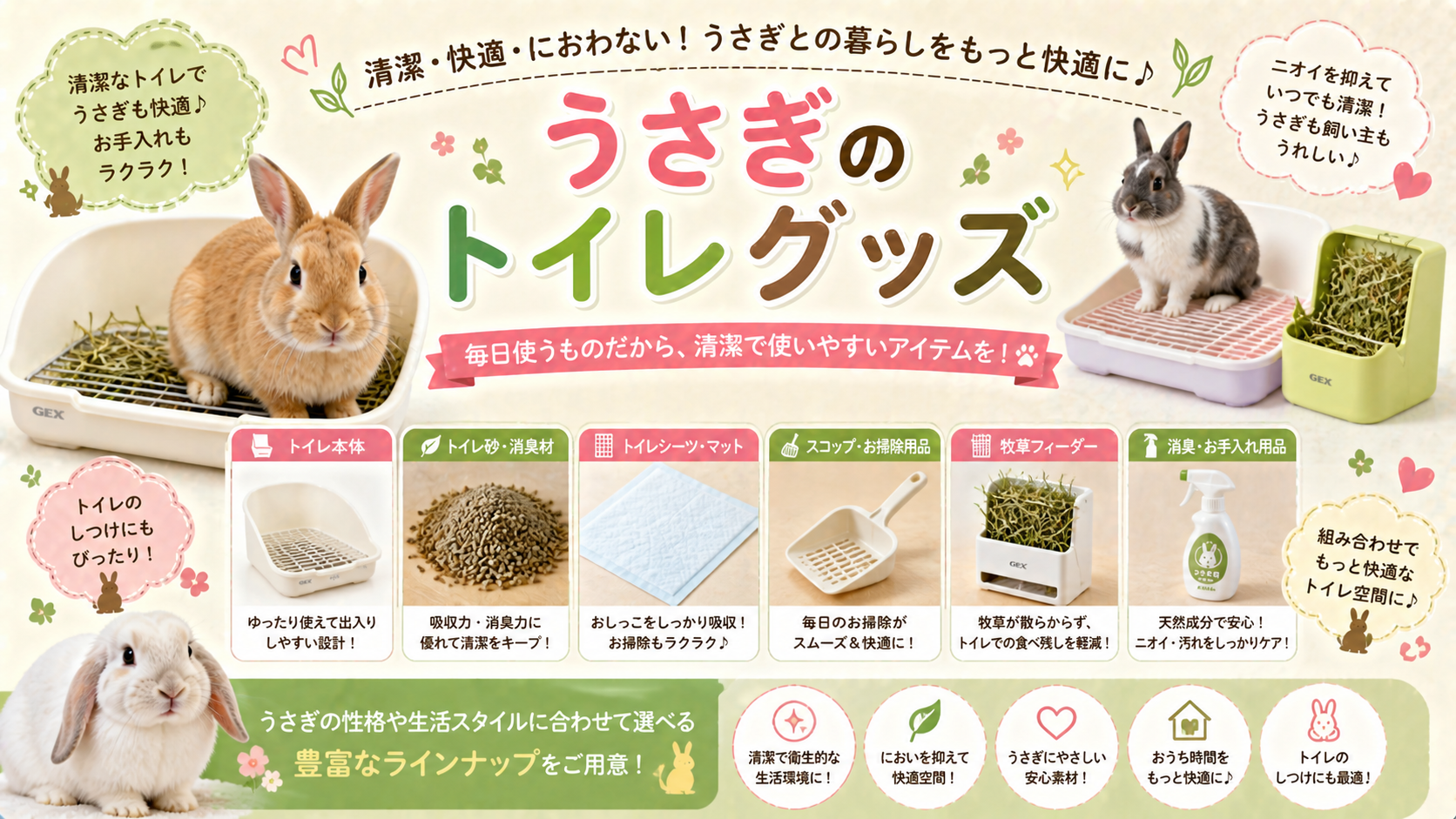 ウサギ用トイレの選び方：大型サイズ、コーナータイプ、四角型、ECOFLEX素材の比較