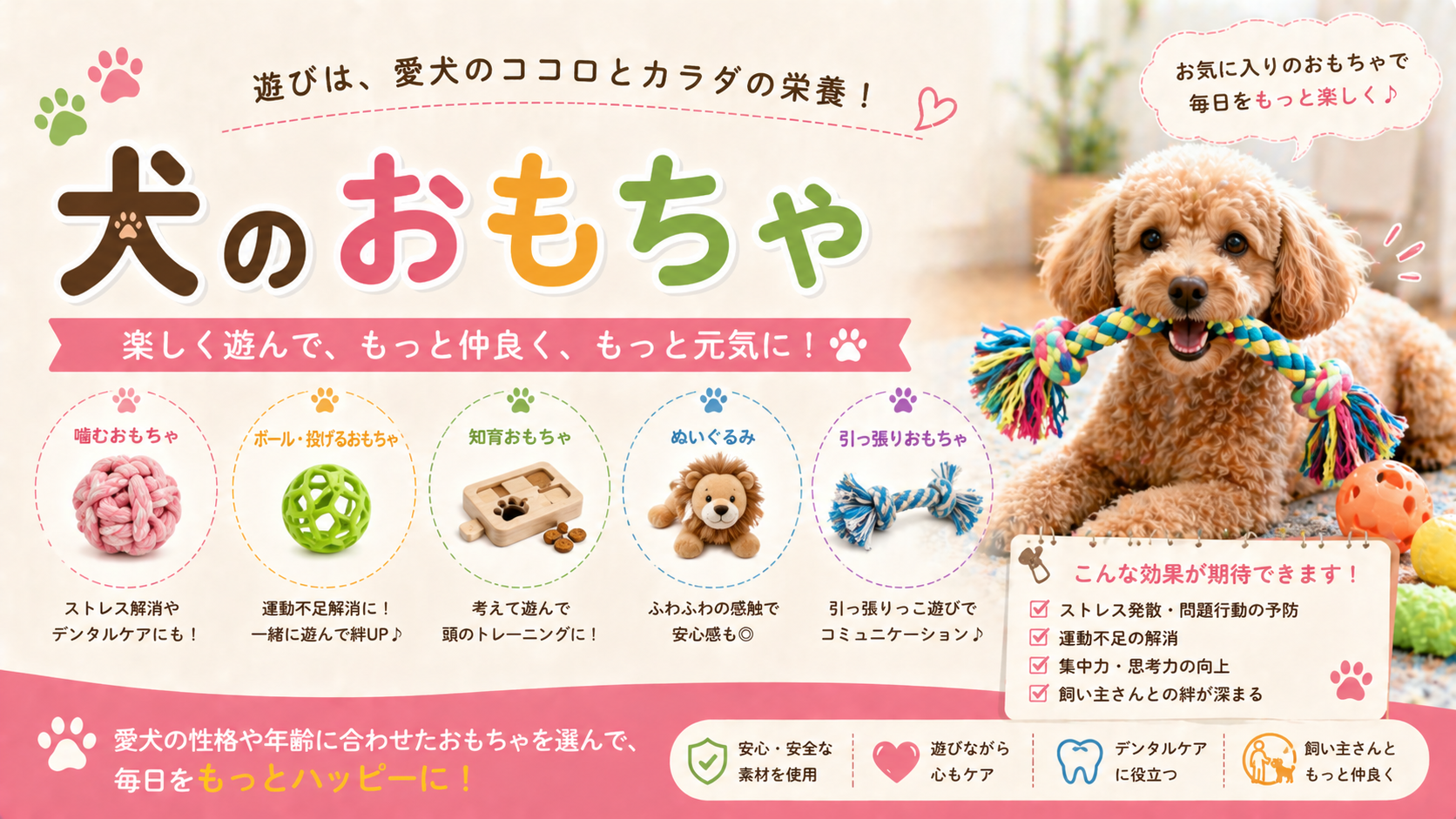 犬のおもちゃの選び方：TRIXIEの知育玩具、RUFF DAWGの壊れないゴムおもちゃ、PETMATEの投げ出しボール比較