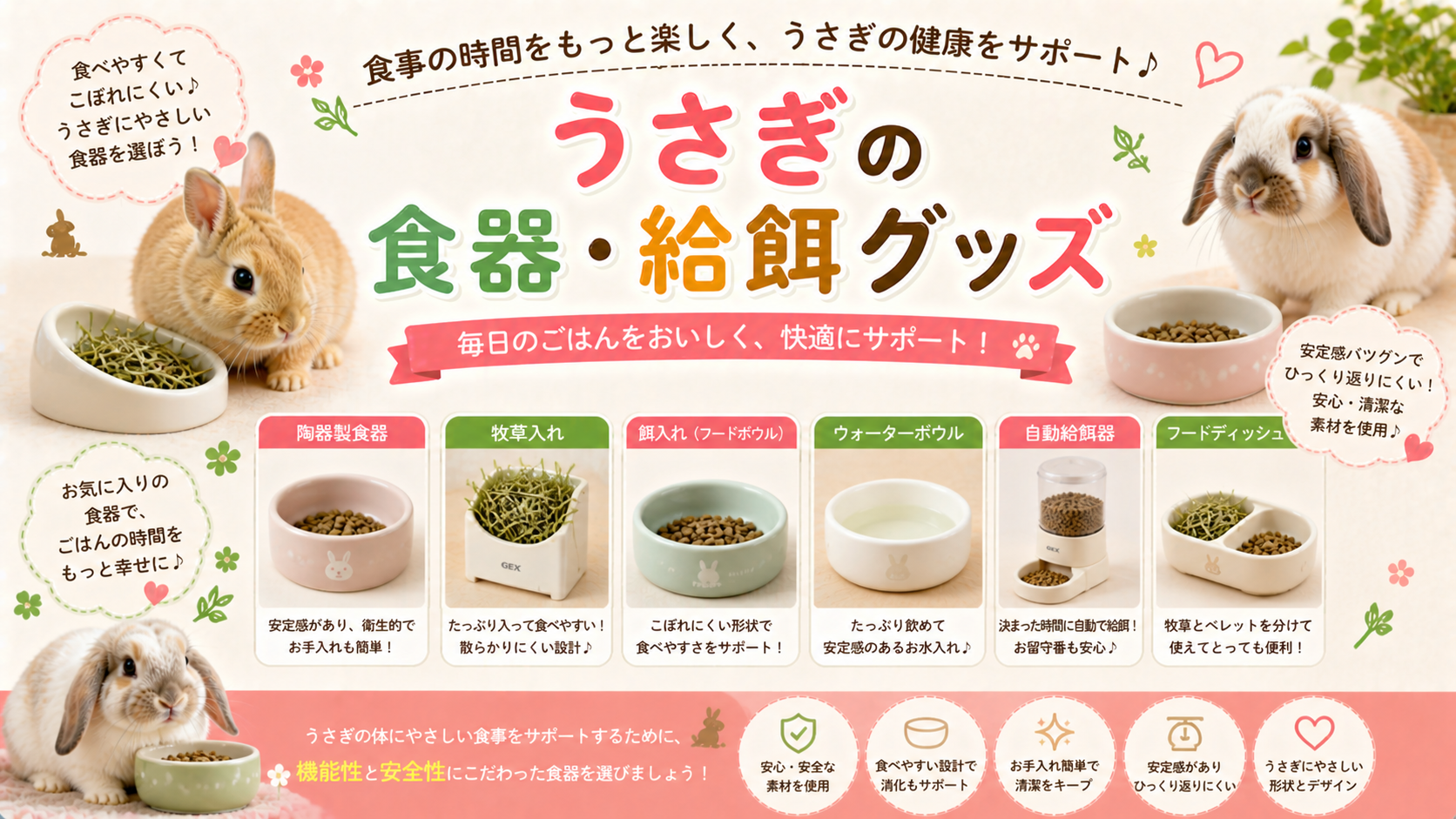 うさぎの食器・給水器の選び方：陶器製ボウル、牧草入れ、給水ボトルの比較