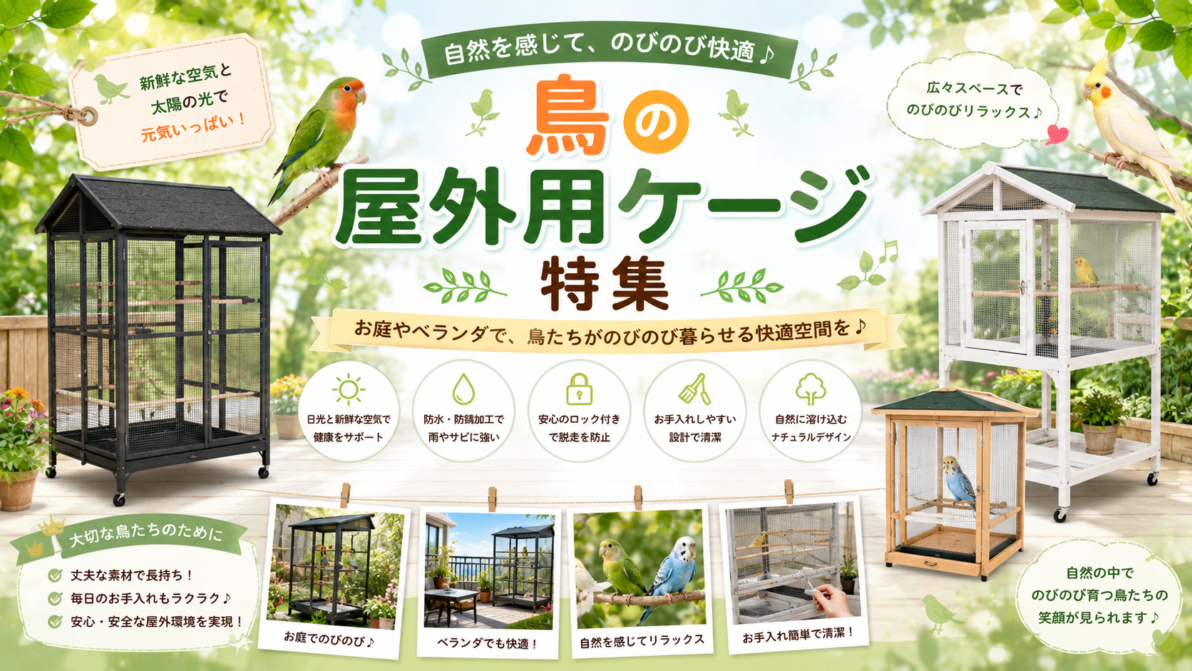 屋外用バードケージ・鳥小屋の選び方：大型メタルアビアリー、木製屋外ハウス、日光浴用キャスターケージの比較