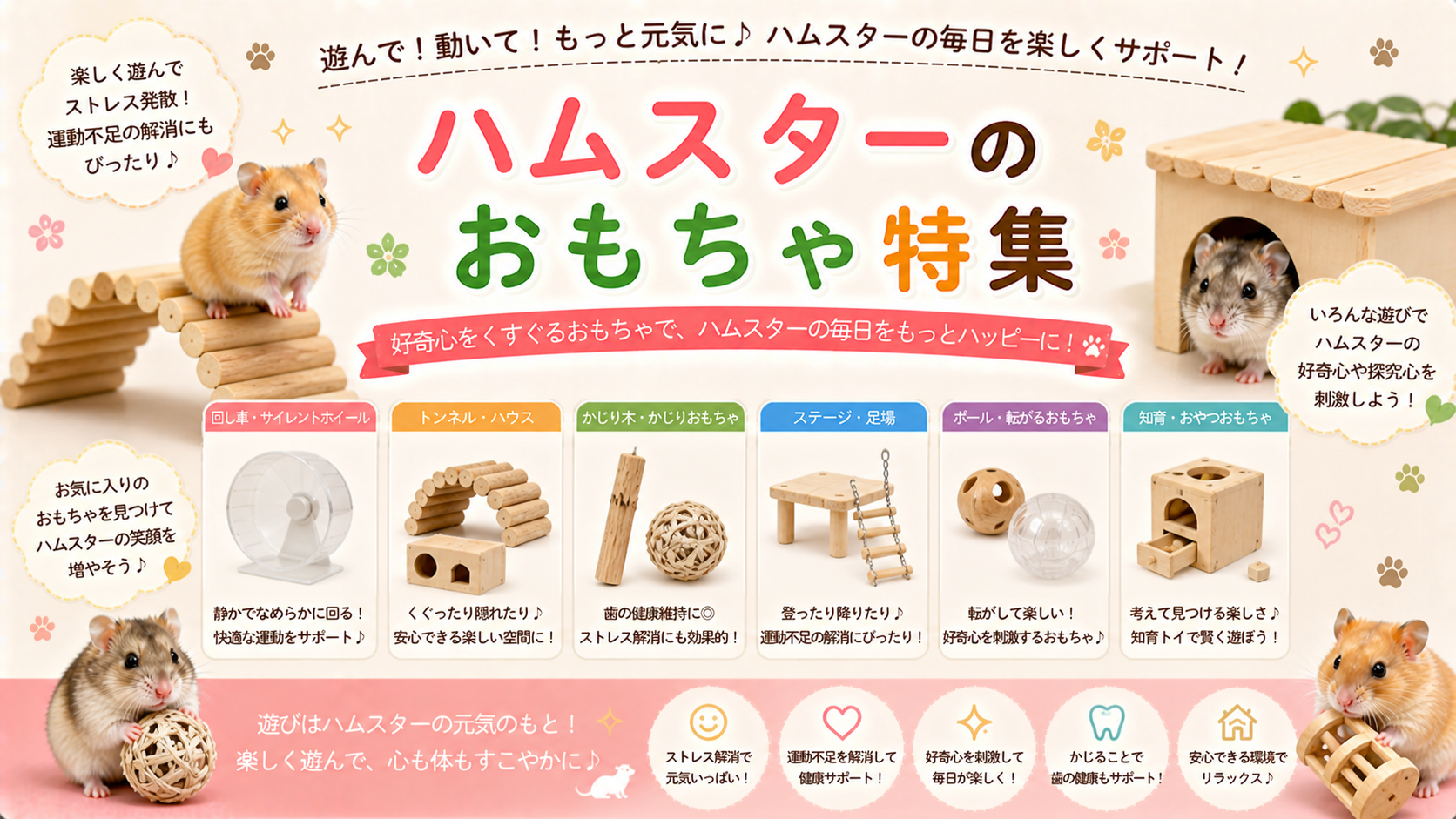 ハムスター・デグー・モルモット用おもちゃの選び方：天然木かじり木、静音ホイール、知育玩具の比較