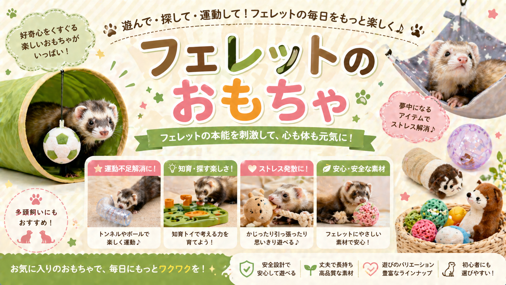 フェレット用おもちゃの選び方：伸縮トンネル、潜り込みハウス、知育玩具、デンタル玩具の比較
