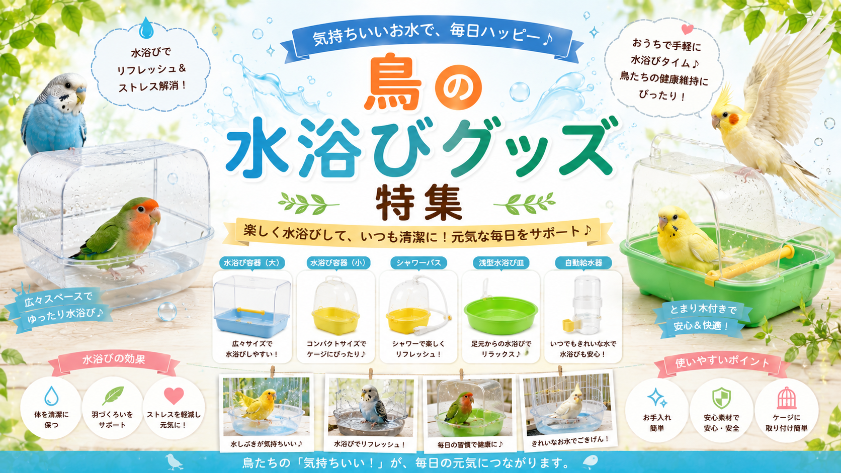 鳥の水浴びグッズの選び方：外付けバードバス、自動噴水シャワー、陶器製・プラスチック製容器の比較