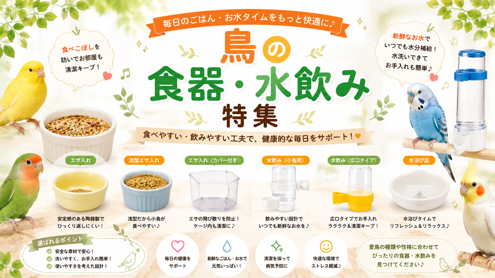 鳥用食器・水飲みの選び方：ステンレスカップ、自動給餌器、ウォーターボトルの比較