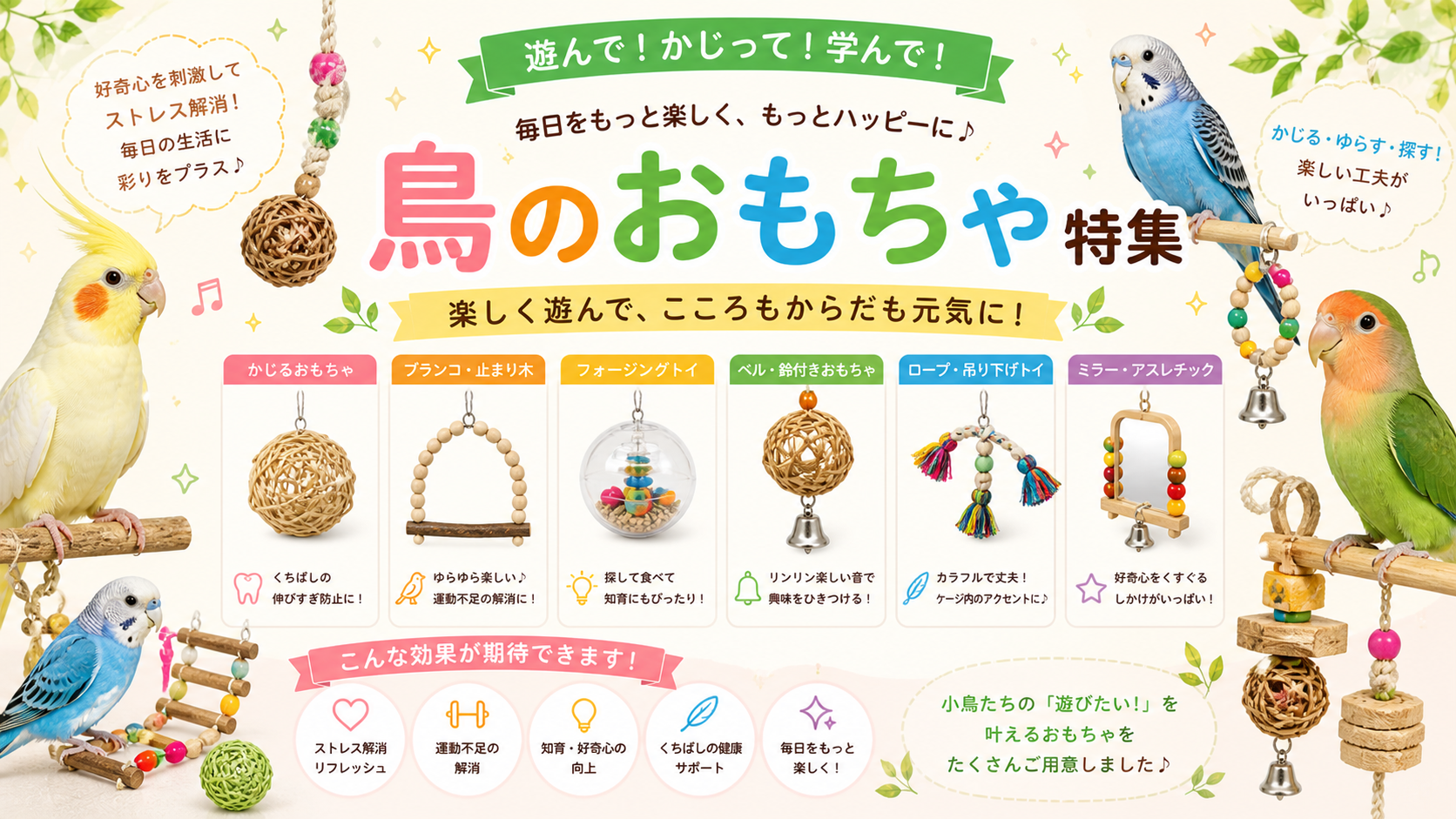 鳥のおもちゃの選び方：天然素材の破壊系おもちゃ、知育フォージングトイ、ブランコ・パーチの比較