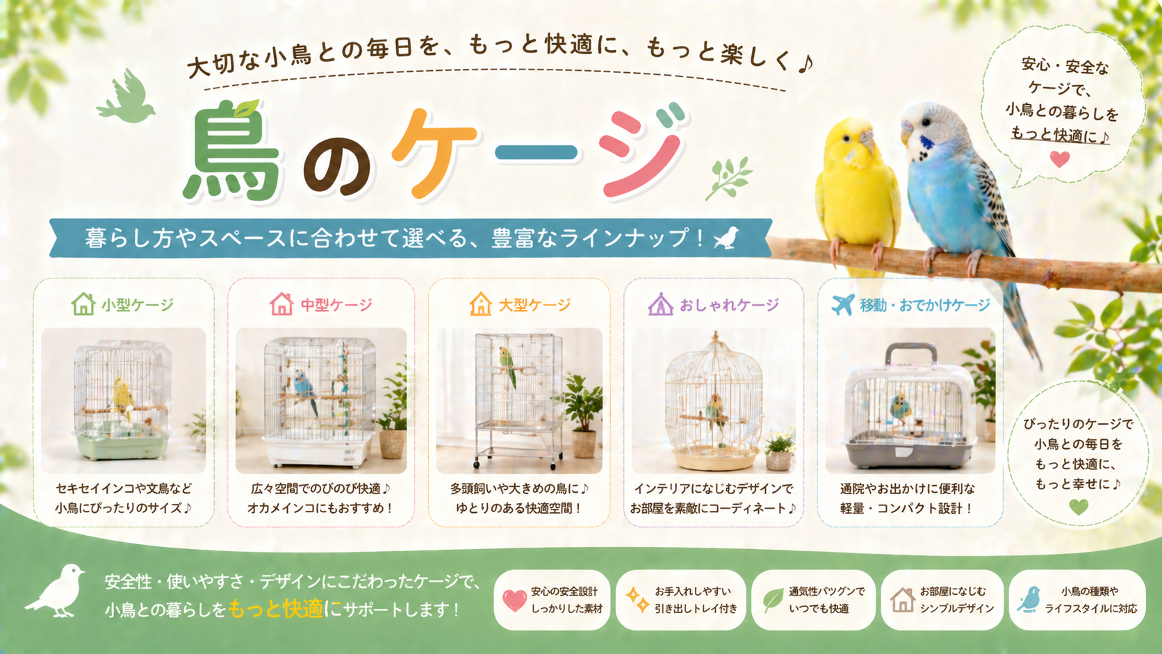 鳥かごの選び方：インコ用小型ケージ、オウム用大型ケージ、アンティークデザインの比較