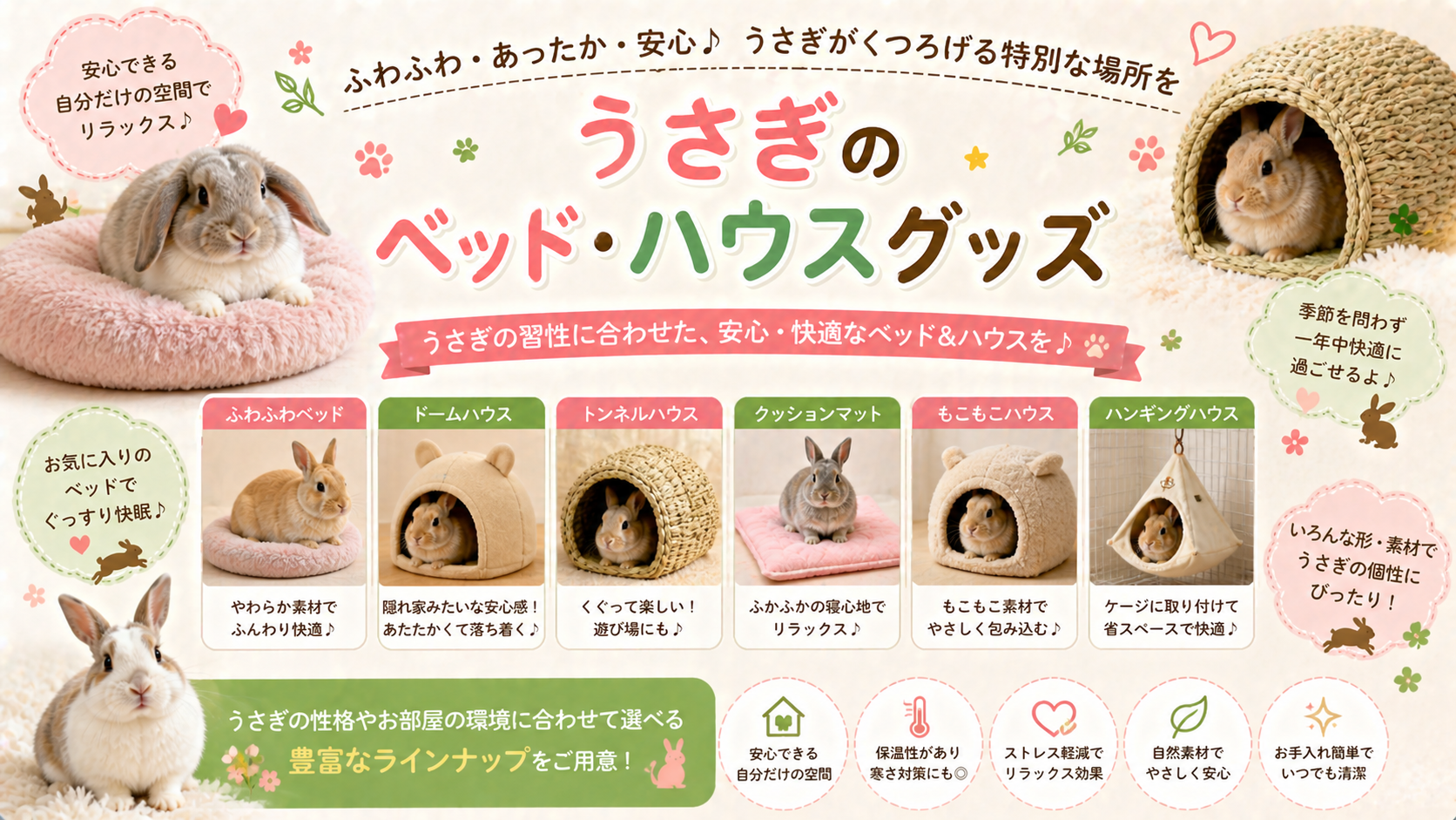 うさぎのベッド・ハウスの選び方：木製ハウス、布製クッション、隠れ家、夏冬用素材の比較