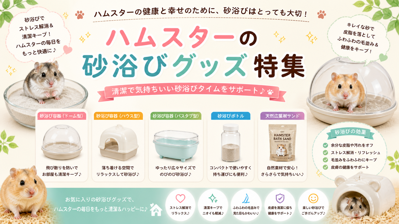 ハムスターの砂浴びガイド：高品質な浴び砂、飛び散り防止バス、天然素材サンドの比較