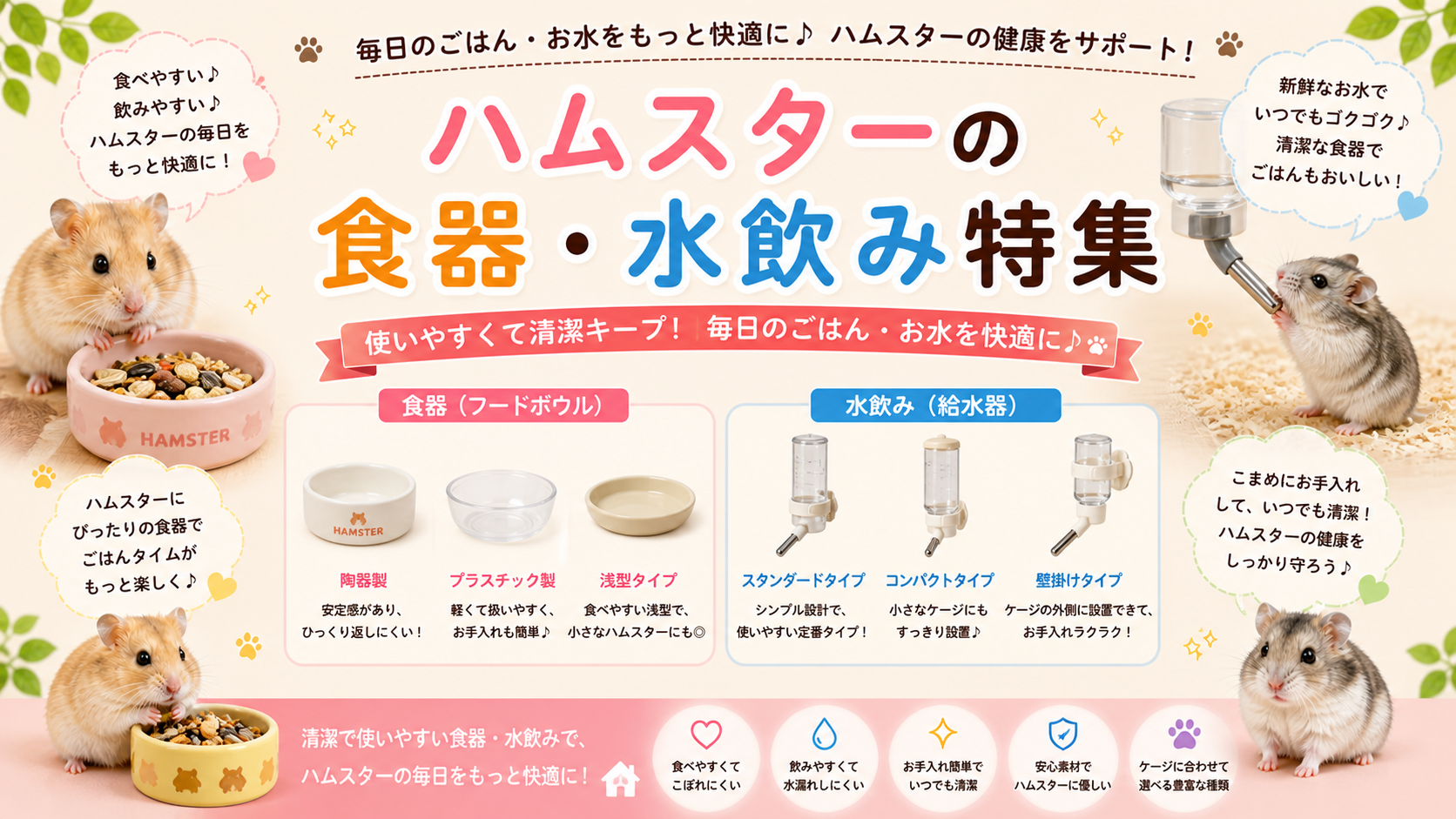 ハムスター用食器・給水器の選び方：セラミック製フードボウル、水漏れ防止給水ボトル、置型・吊下げ型の比較