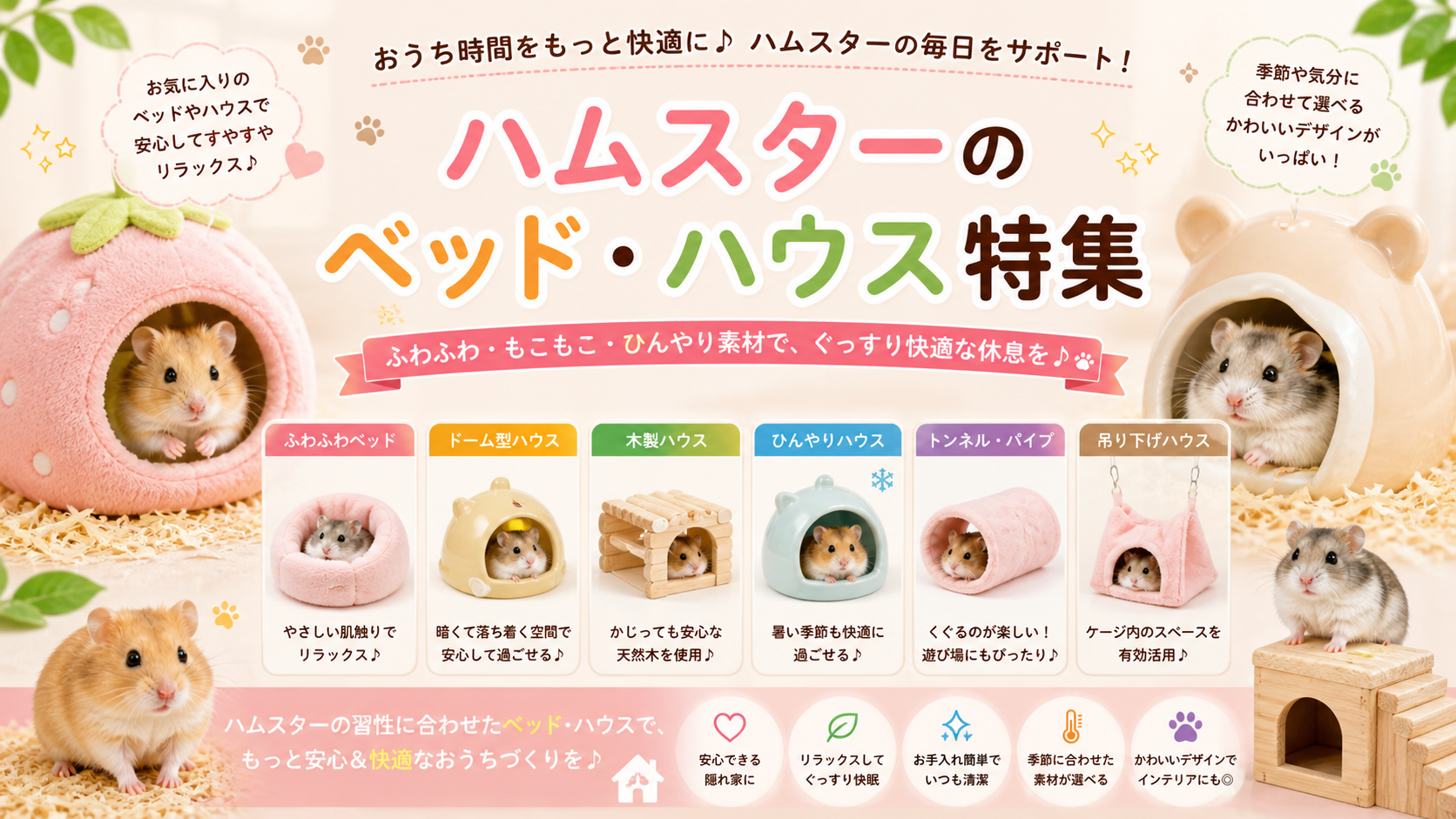 ハムスター用ハウス・ベッドの選び方：木製隠れ家、吊下げ式ベッド、陶器製ハウスの比較