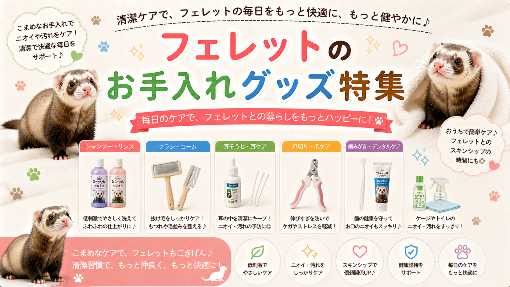 フェレットのお手入れガイド：専用シャンプー、爪切り、耳掃除、ブラッシング用品の選び方