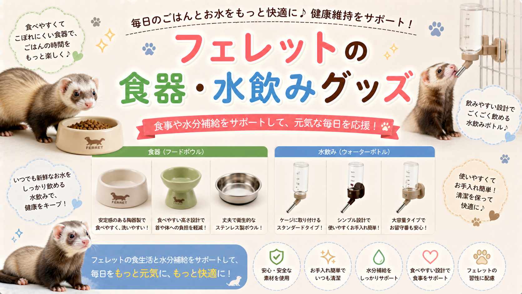 フェレット用食器・水飲みの選び方：ひっくり返さない固定式ボウル、ノズル式給水器の比較