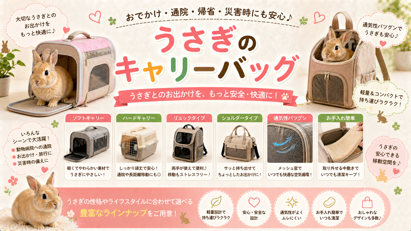 うさぎのキャリーバッグの選び方：軽量ソフトキャリー、丈夫なハードキャリー、避難用バッグの比較